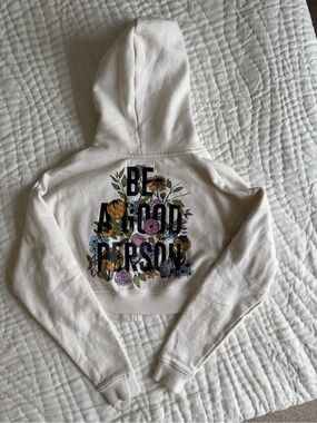Cream Cropped Hoodie with Floral "Be A Good Person" Back Graphic